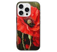HKMNLEW Glass Phone Case for iPhone 16 Pro, Beautiful Red Poppy Flower Prints TPU Shockproof Protective Case Cover for Women Men
