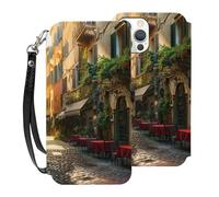 HKMNLEW Italian Old Street Print Flip Wallet Case for iPhone 12 Pro 6.1 Inch, PU Leather Magnetic Shockproof Phone Case Cover with Card Holder and Wrist Strap White
