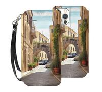 HKMNLEW Italian Street Print Flip Wallet Case for iPhone 12 Pro Max 6.7 Inch, PU Leather Magnetic Shockproof Phone Case Cover with Card Holder and Wrist Strap White