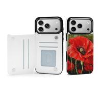 HKMNLEW Phone Wallet for iPhone 17 Pro Max Case, Beautiful Red Poppy Flower Prints Flip PU Leather Magnetic Shockproof Phone Case Cover with Card Holder