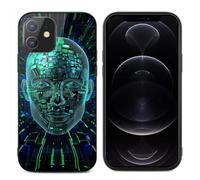 HKMNLEW Tempered Glass Phone Case for iPhone 12 Mini, Artificial Intelligence Brain Prints TPU Shockproof Protective Case Cover for Women Men