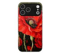 HKMNLEW Tempered Glass Phone Case for iPhone 17 Pro Max, Beautiful Red Poppy Flower Prints TPU Shockproof Protective Case Cover for Women Men