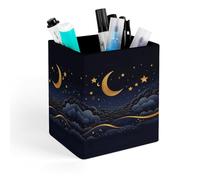 HKMNTGD Square Leather Pen Holder for Desk,There Are Stars And Moon on It Printed Cartoon Theme Printed Square Pens Pencils Holder Cup,Desktop Organizer Office Accessories Container Box.