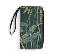HKMNTGD Women's Wallets Leathe Printed,Aerial View Of Paris Cityscape Zip Around Credit Cards Holder Phone Clutch, Dark Green Dragonfly, 19.7x10.5cm