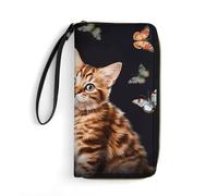 HKMNTGD Women's Wallets Leathe Printed,Blue And Green Parakeets Zip Around Credit Cards Holder Phone Clutch, Cat Butterfly, 19.7x10.5cm