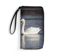 HKMNTGD Women's Wallets Leathe Printed,Blue And Green Parakeets Zip Around Credit Cards Holder Phone Clutch, Romantic White Swan, 19.7x10.5cm