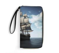 HKMNTGD Women's Wallets Leathe Printed,Blue Flower Zip Around Credit Cards Holder Phone Clutch, old sailing ship, 19.7x10.5cm