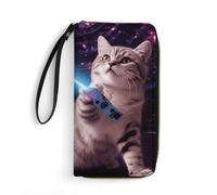 HKMNTGD Women's Wallets Leathe Printed,Cactus Flamingo Rose Flowers Zip Around Credit Cards Holder Phone Clutch, Space Laser Cat Novelty Cute Funny, 19.7x10.5cm