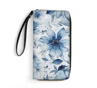 HKMNTGD Women's Wallets Leathe Printed,Colorful Octopus Zip Around Credit Cards Holder Phone Clutch, Blue Hand Drawn Flowers, 19.7x10.5cm