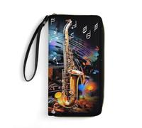 HKMNTGD Women's Wallets Leathe Printed,Dandelion Black And White Zip Around Credit Cards Holder Phone Clutch, Saxophone And Piano, 19.7x10.5cm