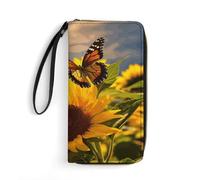 HKMNTGD Women's Wallets Leathe Printed,Girl Playing Piano Zip Around Credit Cards Holder Phone Clutch, Sunflower Butterfly, 19.7x10.5cm