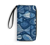 HKMNTGD Women's Wallets Leathe Printed,Gold And Green Leaves Zip Around Credit Cards Holder Phone Clutch, Fish and Shells, 19.7x10.5cm