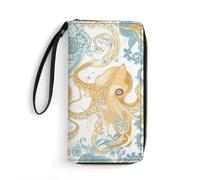 HKMNTGD Women's Wallets Leathe Printed,Gold And Green Leaves Zip Around Credit Cards Holder Phone Clutch, Light Yellow Fish, 19.7x10.5cm