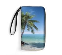 HKMNTGD Women's Wallets Leathe Printed,Gold And Green Leaves Zip Around Credit Cards Holder Phone Clutch, Sea Palm Trees, 19.7x10.5cm