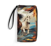 HKMNTGD Women's Wallets Leathe Printed,Golden Retriever And Flowers Zip Around Credit Cards Holder Phone Clutch, A pattern with horses as a background, 19.7x10.5cm
