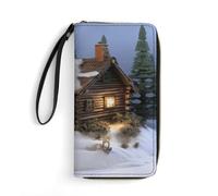 HKMNTGD Women's Wallets Leathe Printed,Golden Retriever And Flowers Zip Around Credit Cards Holder Phone Clutch, Wooden Rustic Log Cottage Scenery, 19.7x10.5cm