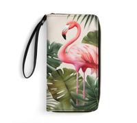 HKMNTGD Women's Wallets Leathe Printed,Nautical Sailing Pirate Theme Zip Around Credit Cards Holder Phone Clutch, Flamingo Palm Trees Leaf, 19.7x10.5cm