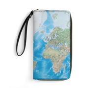 HKMNTGD Women's Wallets Leathe Printed,Nautical Sailing Pirate Theme Zip Around Credit Cards Holder Phone Clutch, World Map, 19.7x10.5cm