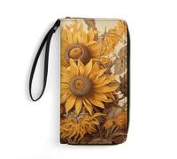 HKMNTGD Women's Wallets Leathe Printed,Nautical Vintage Sailing Pirate Ship Zip Around Credit Cards Holder Phone Clutch, Bees and sunflowers on old paper, 19.7x10.5cm