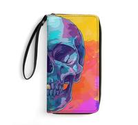 HKMNTGD Women's Wallets Leathe Printed,There Are Stars And Moon on It Zip Around Credit Cards Holder Phone Clutch, Cartoon Style Skull, 19.7x10.5cm