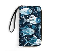 HKMNTGD Women's Wallets Leathe Printed,Three Big Pineapples Zip Around Credit Cards Holder Phone Clutch, Cartoon Fish Print, 19.7x10.5cm
