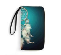 HKMNTGD Women's Wallets Leathe Printed,Two Little Cute Rabbits Zip Around Credit Cards Holder Phone Clutch, White dream catcher feather, 19.7x10.5cm