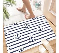 HKPOEQ Non Slip Bath Mat Machine Washable Durable Soft Fluffy Microfiber Bathroom Mat Water Absorbent Bath Rug,l design, repetitive design of navy blue and white anchors and ropes, on blue,16x24 in
