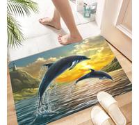 HKPOEQ Non Slip Bath Mat Machine Washable Durable Soft Fluffy Microfiber Bathroom Mat Water Absorbent Bath Rug,Dolphins' sunset along the lighthouse,Ocean dolphin in golden,Dolphins dancing,16x24 in