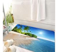 HKPOEQ Non Slip Bath Mat Machine Washable Durable Soft Fluffy Microfiber Bathroom Mat Water Absorbent Bath,Blue,Ocean Tropical Palm Trees on Sunny Island Beach Scene Panoramic View Picture,50x80 cm