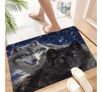 HKPOEQ Non Slip Bath Mat Machine Washable Durable Soft Fluffy Microfiber Bathroom Mat Water Absorbent Bath Rug,silver wolf with blue eyes and a black wolf with golden eyes under the star tr,16x24 in