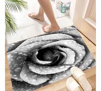 HKPOEQ Non Slip Bath Mat Machine Washable Durable Soft Fluffy Microfiber Bathroom Mat Water Absorbent Bath Rug,Black and white roses with water drops on black background,16x24 in