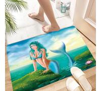 HKPOEQ Non Slip Bath Mat Machine Washable Durable Soft Fluffy Microfiber Bathroom Mat Water Absorbent Bath Rug,Cute mermaid with green hair and shiny blue tail sitting on stone. Hand drawn,16x24 in