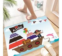 HKPOEQ Non Slip Bath Mat Machine Washable Durable Soft Fluffy Microfiber Bathroom Mat Water Absorbent Bath Rug,Ahoy Its a Boy,Cute Pirate Kids Treasure Chest with Ship on Ocean Background,16x24 in