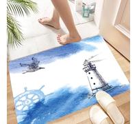 HKPOEQ Non Slip Bath Mat Machine Washable Durable Soft Fluffy Microfiber Bathroom Mat Water Absorbent Bath Rug,Watercolor illustration of a lighthouse in a stormy blue sea with crashing wav,24x36 in