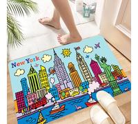 HKPOEQ Non Slip Bath Mat Machine Washable Durable Soft Fluffy Microfiber Bathroom Mat Water Absorbent Bath Rug,Game Room Decor, New York City in Cartoon Style,16x24 in