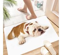 HKPOEQ Non Slip Bath Mat Machine Washable Durable Soft Fluffy Microfiber Bathroom Mat Water Absorbent Bath Rug,Bulldog, close-up of brown and white lying down in a lazy posture,16x24 in