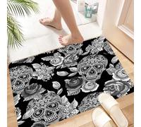 HKPOEQ Non Slip Bath Mat Machine Washable Durable Soft Fluffy Microfiber Bathroom Mat Water Absorbent Bath Rug,Skull and Flowers Monochrome Background Day of The Dead,24x36 in