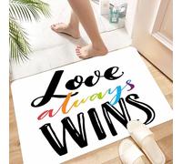 HKPOEQ Non Slip Bath Mat Machine Washable Durable Soft Fluffy Microfiber Bathroom Mat Water Absorbent Bath Rug,Love Always Wins, with rainbow font, heart symbol, inspirational slogan,24x36 in