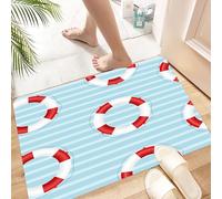 HKPOEQ Non Slip Bath Mat Machine Washable Durable Soft Fluffy Microfiber Bathroom Mat Water Absorbent Bath Rug,Lifebuoy, red and white lifebuoy in ocean style on blue and white striped back,24x36 in