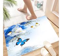 HKPOEQ Non Slip Bath Mat Machine Washable Durable Soft Fluffy Microfiber Bathroom Mat Water Absorbent Bath Rug,Fleurs sauvages florales,bleues et blanches avec des papillons monarques Proth,16x24 in