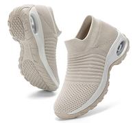 HKR Women's Walking Shoes Arch Support Non Slip Work Shoes Breathable Knit Upper Lightweight for Plantar Fasciitis, Light Taupe, 7