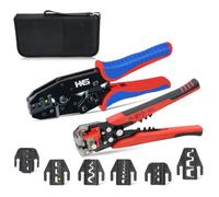 HKS - 9pcs Ratchet Crimping Tool Set with Automatic Wire Stripper and Quick Exchange jaw for Heat Shrink terminals, Open Barrel, Solar Connector, Insulated and Non-Insulated ferrules AWG 20-2