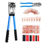 HKS Battery Cable Lug Crimping Tool 10-1 AWG with Cutter, 60Pcs Copper Ring Terminals & 60Pcs 3:1 Heat Shrink Tubing, Heavy Duty Wire Crimper Set for Battery Cables