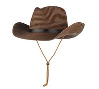HKSICHENGKEJIUK Men's Straw Cowboy Hat Wide Brim Panama Sun Hat with Chin Strap UPF 50+ UV Protection Breathable Western Hat for Outdoor Beach Hiking Fishing Summer Brown (Dark Brown)