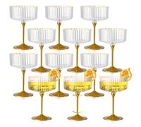 HKSZEH 12 PCS Ribbed Coupe Glasses with Gold Stem Clear Plastic Champagne Coupe Cup 10oz Detachable Gold Rim Espresso Martini Glass Vintage Margarita Glassware Cocktail Glass for Christmas