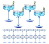 HKSZEH 24 PCS Plastic Champagne Coupe Cup Ocean Blue Ribbed Coupe Glasses 10oz Detachable Gold Rim Espresso Martini Glass Vintage Margarita Glassware Cocktail Glass Set for Baby Shower Hanukkah