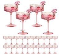 HKSZEH 24 PCS Ribbed Coupe Glasses Pink Plastic Champagne Coupe Cup 10oz Detachable Gold Rim Espresso Martini Glass Vintage Margarita Glassware Cocktail Glass for Wedding Bachelorette Party