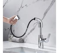 HKTHE Basin Mixer Tap with Pull Out Sprayer, HBF0510 Modern Basin Faucet, Height Adjustable, 2 Water Modes, 59A Brass Single Hole Bathroom Sink Tap, Suitable for Bathroom, Bar, RV