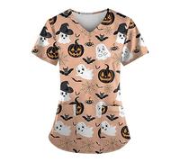 HKUOPW Ladies Tops Scrubs Tops for Women Halloween Fun Print Casual Plus Size Short Sleeve V Neck Tunic Workwear with Pockets