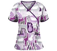 HKUOPW Medical Scrubs Loose Elasticated Pattern Short Sleeve V Neck Plus Size Casual Women’s Scrubs Purple Size 3XL